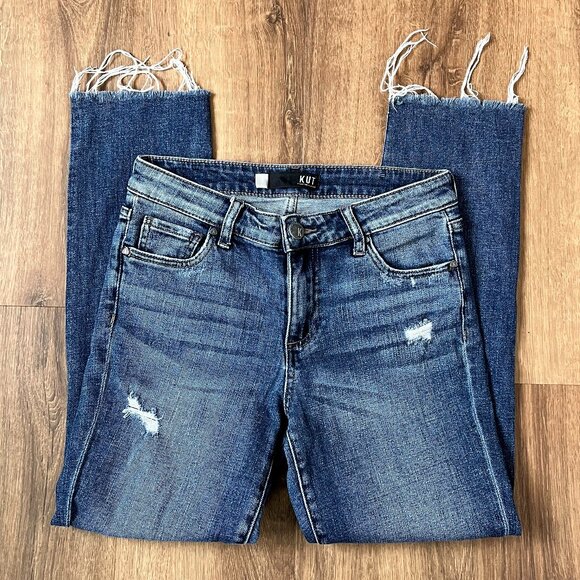 KUT Ankle Straight Raw Hem Distressed Denim Jeans Sz 2 - Picture 1 of 11